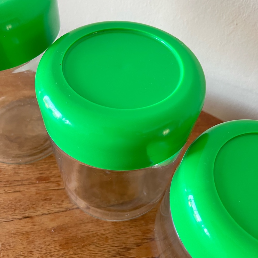 Heller Designs Glass Jar Set Green Lid 70s 80s Set 3 Glass Kitchen - Picture 3 of 4